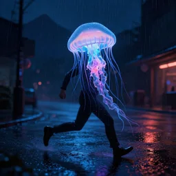 jellyfish running on the street at night after the rain, with the silhouette of distant mountains in the background, cyberpunk style, blade runner, by darek zabrocki, 8 k