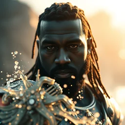 portrait of kanye west as aquaman in skyrim, splash art, movie still, cinematic lighting, ray tracing, octane render, long lens, shallow depth of field, bokeh, anamorphic lens flare, 8 k, hyper detailed, 3 5 mm film grain
