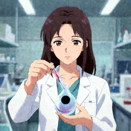 a portrait of a beautiful female scientist in a laboratory holding a test tube with a small black hole, anime art, symmetrical facial features, symmetrical proportions, illustration, 4k wallpaper, by raphaelle deslandes