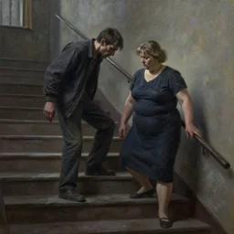 dark oil realistic painting a gaunt man a fat middle age woman climbing soviet apartment stairs