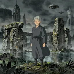 a realistic and atmospheric cell - shaded concept art from howl's moving castle ( 2 0 0 4 ) of a grey monk standing in a futurist sci - fi city that looks like stonehenge in a flooded rainforest. it is a misty starry night. a ufo is in the sky. very dull muted colors, hd, 4 k, hq