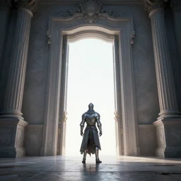 a knight standing in front of a huge doorway, 3d render, hyper detail, cinematic, dramatic, ethereal, photography, wide angle, octane render, unreal engine, blender and photoshop