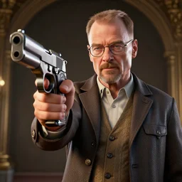 walter white holding a gun, artstation, 3 d render, unreal engine, cinematic, 3 5 mm, 8 k, cinematic lighting, global illumination, ray tracing reflections, insanely detailed and intricate, elegant, ornate, super detailed