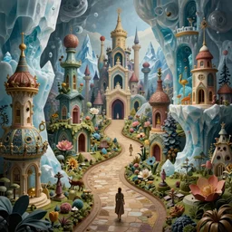 a beguiling fantasy matte painting of an impossible path winding through arctic dream worlds with surreal architecture designed by heironymous bosch, structures inspired by heironymous bosch's garden of earthly delights, surreal ice interiors by cyril rolando and asher durand and natalie shau, insanely detailed, whimsical, intricate, sharp focus