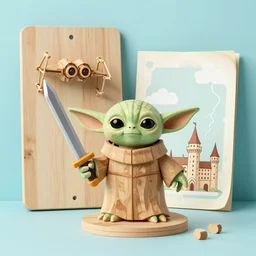 wooden yoda with a sword, wooden y - wing, wooden board, manuscript, chateau, nordic pastel colors, perfect lightning