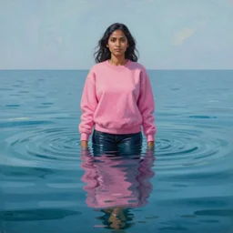 painting of a south asian woman in pink sweatshirt standing waist deep submerged in an infinite ocean, her body reflecting in water reflection, painting by james jean, alex ross, hyperdetailed, liquid, limited coloar palette, 4 k, surreal art, soft lighting, digital art
