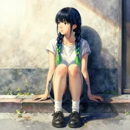 concept art, girl sitting on street, against wall, looking away, braids blue and green, singular, junichi higashi, isamu imakake, intricate, balance, ultra detailed, watercolor, full far frontal portrait, volumetric lighting, cinematic lighting + masterpiece,
