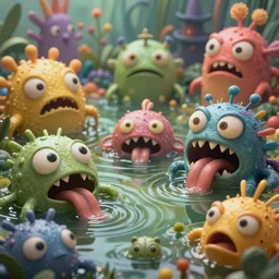 intricate colourful murky pond with strange cute friendly angry crazy creatures with huge eyes long tongue triangle teeth and scary face appearing from the water, in the style of craola, cinematic macro lens, shallow depth of field, highly detailed, digital painting, trending artstation, concept art, illustration, cinematic lighting, vibrant colors, photorealism, epic, octane render