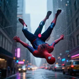 peter parker falling with spidernets down into cyberpunk new york city street, lens flare, rain, deep focus, d & d, intricate, elegant, highly detailed, photo, 9 0 s, artstation, blade runner, 8 k, sharp focus, octane, unreal engine 5, global illumination, radiant
