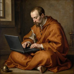 monk using a laptop in the middle ages, renaissance painting