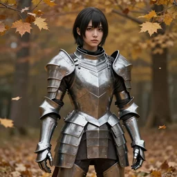 a masterpiece hyperrealistic ultradetailed fullbody photograph of a lifelike real human anime girl wearing steel plate armor, surrounded by fall leaves, actual person, k - pop, rough skin pores texture, desaturated, photoreal image, made by wlop, photoreal, blender, unreal engine, extremely detailed, trending on artstation, sharp focus, 4 k