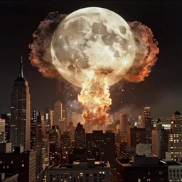 vintage film still of the moon exploding over new york city in the 1 9 2 0 s from the old sci - fi movie