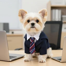 a dog wearing a office suit