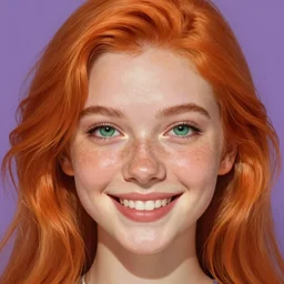 close up portrait of a beautiful smiling girl with orange hair and freckles, green eyes, happy intricate, elegant. highly detailed, digital painting, artstation, concept art, smooth, sharp, focus, illustration. background is purple, art by artgerm and Ross Tran