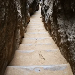 The stairway is cut into the rocky sides of the chasm, descending to the bottom. The handholds of the stairway are smooth, and the sandy earth of the pathway is imbued with the scat of a variety of animals. You spot a web-toed humanoid footprint, descending into the cavern.