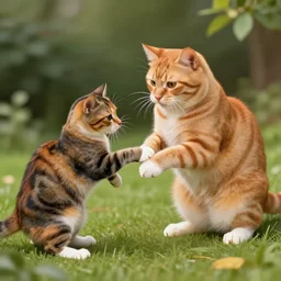 an orange cat and tortoiseshell cat playing, digital art, magic realism
