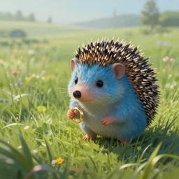 a cute blue hedgehog, a gold ring in his hand, beautiful grassland, early morning hours, long shadows, extremely detailed, fantasy painting, by jean - baptiste monge!!!!