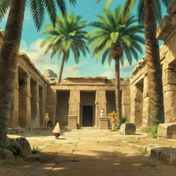 a film still Nordeste Brasileiro, ancient egypt lush palm tree limestone desert courtyard, studio Ghibli, Pixar and Disney animation, sharp, Rendered in Unreal Engine 5, anime key art by Greg Rutkowski, Bloom, dramatic lighting