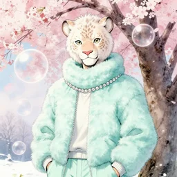aesthetic portrait commission of a albino male anthro liger under a cherry blossom tree bubble filled while wearing a cute mint colored cozy soft pastel winter outfit with pearls on it, winter atmosphere. character design by artgerm, and makoto shinkai, detailed, inked, western comic book art, 2 0 2 0 award winning painting
