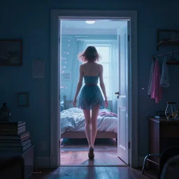 she steps from her bedroom through the portal into the alternative multiverse, digital art, stunning light