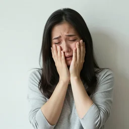 4 0 year old woman leaning against the wall crying softly, portrait photo