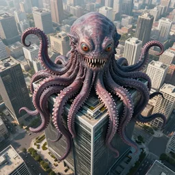 A very giant and Kraken-like multi-eyed monster jumped up on a office building and wrapped his tentacles all around him. High detail, aerial view, photorealism, concept art, octane render, 8k