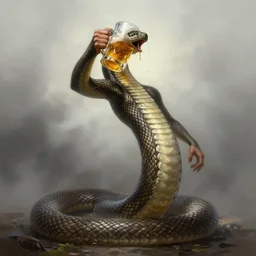 human - body snake drinks beer, beer, glass, beer mug in hand, intricate, triumphantly, foggy background, full body art, dark souls, drawing, concept art, artstation, digital painting