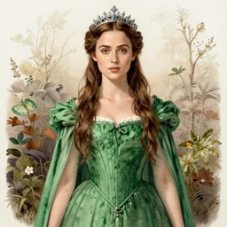 Kiera Knightley beautiful Queen of the Fae with brown hair wearing a pleated green dress and a silver diadem, illustration by Arthur Rackham