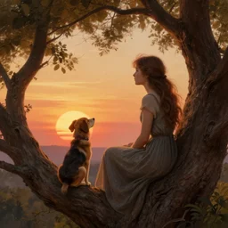 young woman and a dog in a tree looking at the sun set, intricate, highly detailed, digital painting, artstation, concept art, smooth, sharp focus, illustration, Unreal Engine 5, 8K, art by artgerm and greg rutkowski and alphonse mucha