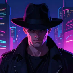 portrait of detecive in the neon noir cyberpunk city man in black hat, epic portrait illustration, darek zabrocki, noah bradley, artstation