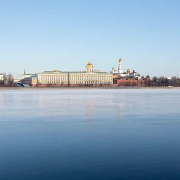 vanishing point, palace like the kremlin in distance on a lake is covered with aqua blue roses, viewed from afar, stephen bliss, misty, unreal engine, fantasy art by greg rutkowski, loish, ferdinand knab, and lois van rossdraws,, global illumination, radiant light, minimalist, detailed and intricate environment