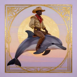 a beautiful painting of a regal african cowboy, riding a dolphin over a design in front of a pale lavender sunrise, dawn, predawn, golden light, art deco!, art nouveau, silhouette, no crop