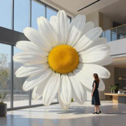 giant daisy flower head, a woman standing next to modern window in luxury loft, surreal photography, sunlight, impressionist painting, digital painting, artstation, simon stalenhag