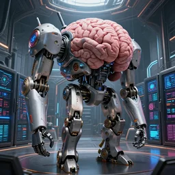 detailed futuristic robot with huge brain at the big scifi server hall. high detailed render by artgerm, hajime sorayama and eddie mendoza. ultrawide lens shot