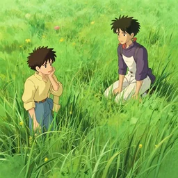 grass, boys, in the style of studio ghibli, j. c. leyendecker, greg rutkowski, artgerm