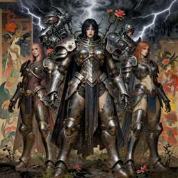 composition with portrait giant women of gothic and futuristic, warhammer, cyber japan armor, many scars, many mechflowers, thunderstorm,, the middle ages, highly detailed, artstation, in the style of moebius, jugendstil and classic japanese print, psychedelic, art by jean delville and dragan bibin