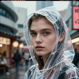 Kodak Portra 400, 8K, highly detailed, wachowski 3/4 extreme closeup portrait, clear eyes, focus on 1990s fashion model in clear transparent raincoat, tilt shift zaha hadid style background: famous blade runner remake, tokyo izakaya scene