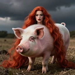 a pig with long flowing red hair fashion photo
