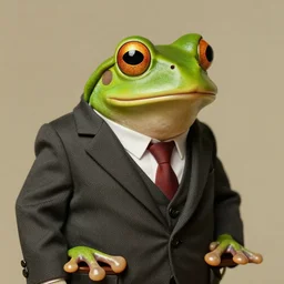An old photo of a sophisticated frog in a nice suit, he is totally lost and looking around