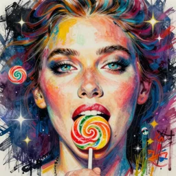 a sketch, ultra detailed, colorful, magic, cosmos, beautiful woman, eyes, jennifer laurence eat chupa chups in her mouth, surreal, in style of jean - michel basquiat, trending on artstation