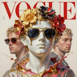 3 d marble statue of fancy head in sunglasses with melting flowers over, multiple splashes of golden and red and black paint, liquid white and pink metal, sun, vogue cover style, poster art, high detail, intricate oil painting, multiple exposure, stanley kubrick mood, hyperrealism, 3 d, by tooth wu and wlop and beeple and greg rutkowski