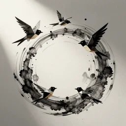 an art nouveau design of low poly birds flying in an ink spiral, ink, line art, simple shapes