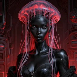 portrait of an absurdly beautiful, graceful, sophisticated, fashionable black cyberpunk mechanoid gravure idol, hyperdetailed illustration by irakli nadar, matt wisniewski style, intricate linework, dark black porcelain skin, jellyfish headdress, brown eyes, unreal engine 5 highly rendered, red light, detailed and intricate environment