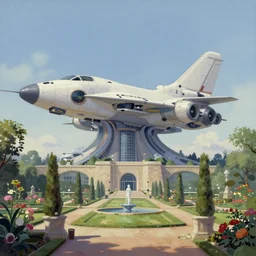 a futuristic giant military design boeing architecture in a perfect french garden, Very detailed and perfectly readable fine and soft relevant out lines soft edges painting by beautiful walt disney animation films of the late 1990s and Thomas Cole in HD, nice lighting, perfect readability, UHD upscale