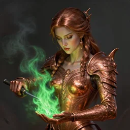 stunning goddess of iron smithing portrait, copper, green fire, smoke, fantasy, intricate, elegant, highly detailed, digital painting, artstation, concept art, smooth, sharp focus, illustration, art by afshar petros and krenz cushart and artem demura and tony sandoval