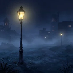 curved perspective epic illustration of night city with victorian street lamp in a foggy field from nightmare before christmas