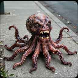 screenshot of a horrific creature with teeth and tentacles on a sidewalk trending on unsplash surreal unusual strange 4 k photorealism 3 2 k intricate unsplash weird unsplash hd unsplash hq unsplash creatures unsplash animals