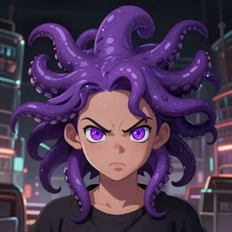 artstation young teen with purple eyes and purple tentacles on her head, in fury, very detailed, in glass town, portrait, high contrast
