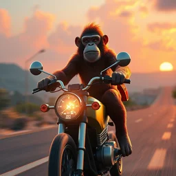 a monkey driving a motorcycle for a long dreamy journey, golden hour, vibrant colors, extreme perspective, octane render, digital art