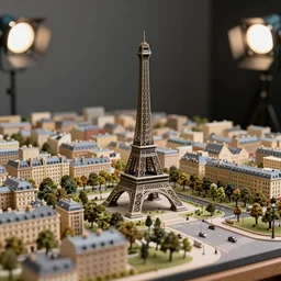 a detailed photo of a diorama city, paris eiffel tower, macro photography, zoom, model trees, table, studio lighting